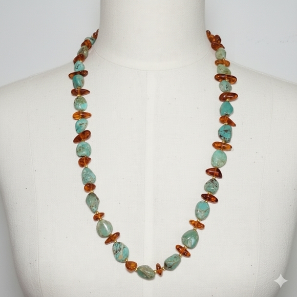 Vintage Jewelry - Turquoise Amber 26" Necklace Vintage Gold Plated Natural Gemstone Lobster Clasp